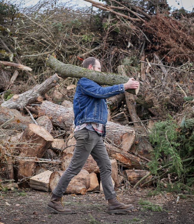 woodrow carrying a log in front of a brush pile